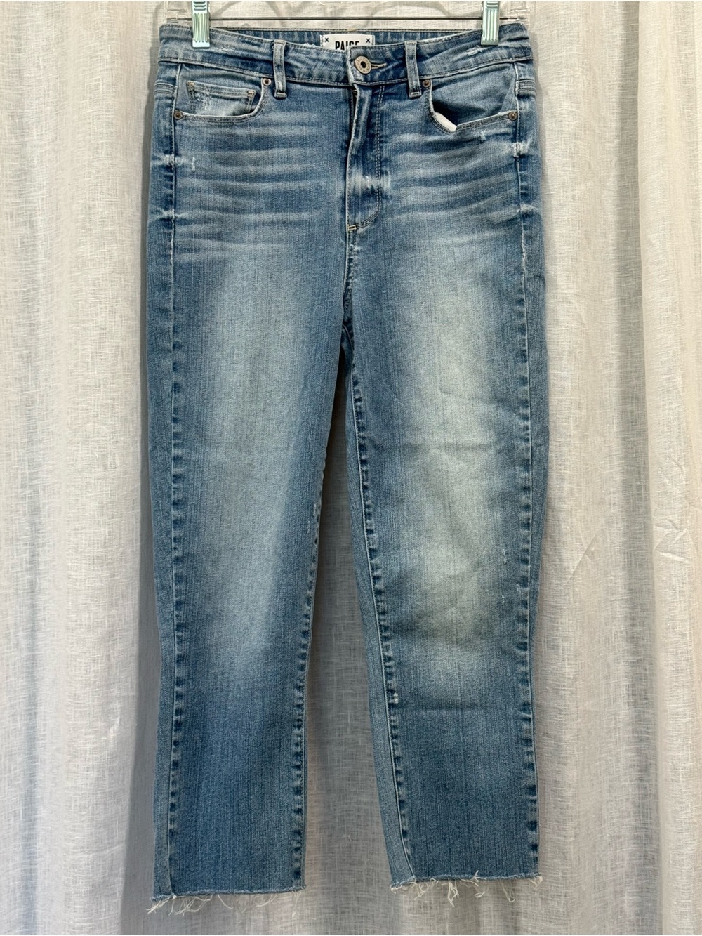 PAIGE Distressed Blue Denim Raw Hem Jeans Faded Wash